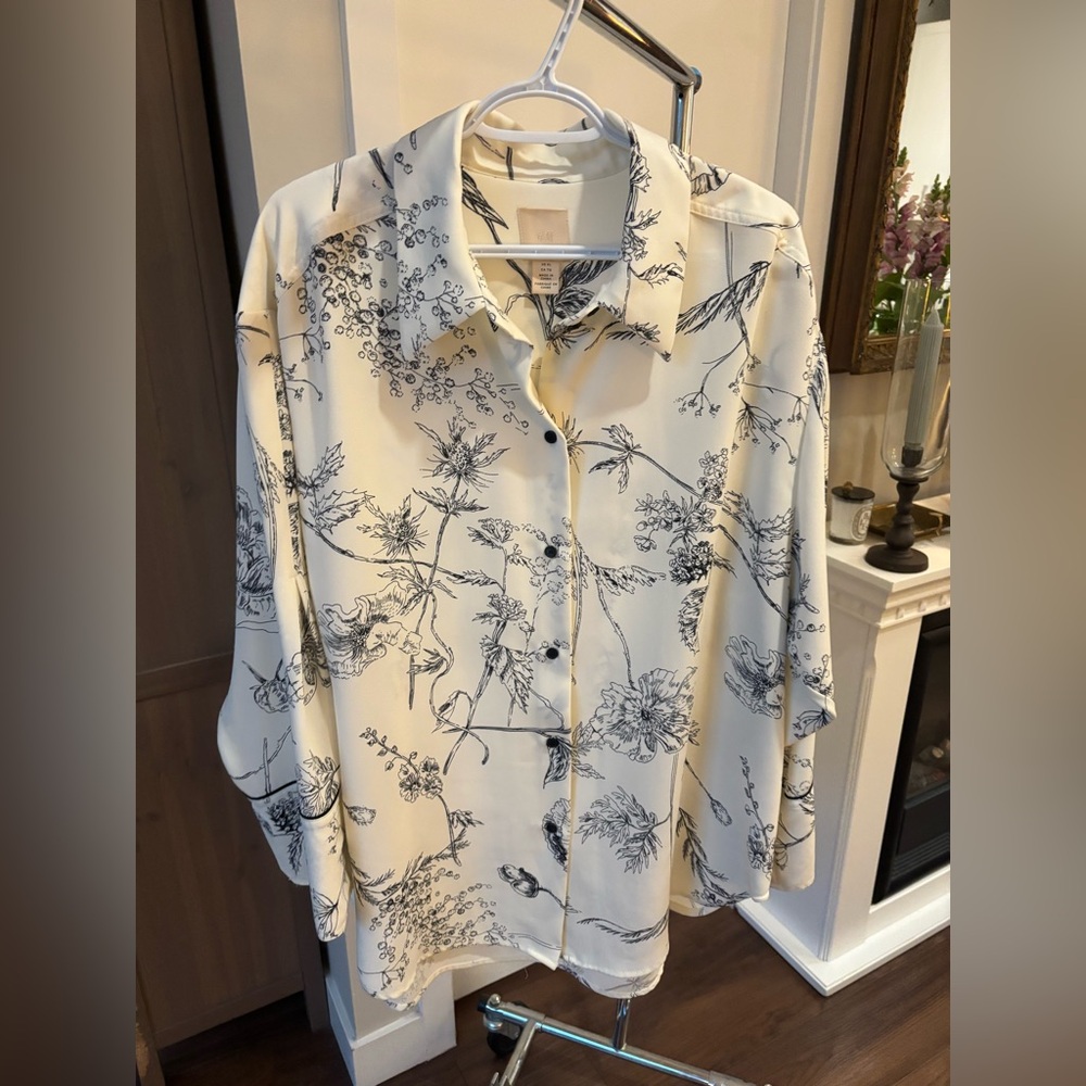 H&M Cream and Black Botanical Print Shirt